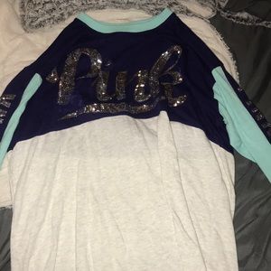 Dark blue , and light blue and gray shirt